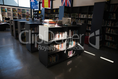 Close up of bookshelf in library