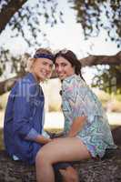 Side view portrait of smiling romantic couple sitting on tree trunk