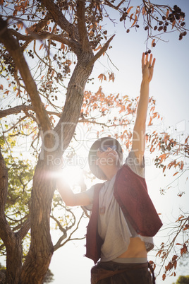 Low angle view of man reaching at fruits hanging on branch