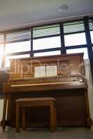 Low angle view of piano against window