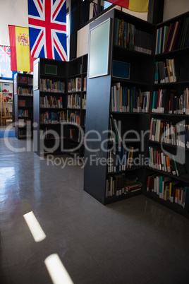 Flags by bookshelf in library