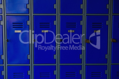 Close up of closed blue lockers