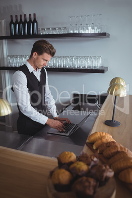 Waiter using laptop at counter