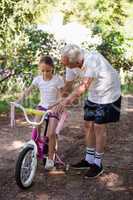 Grandfather teaching his granddaughter how to ride a bicycle