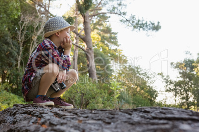 Boy sitting on the fallen tree trunk
