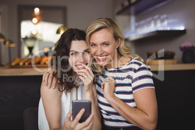 Portrait of happy friends using mobile phone