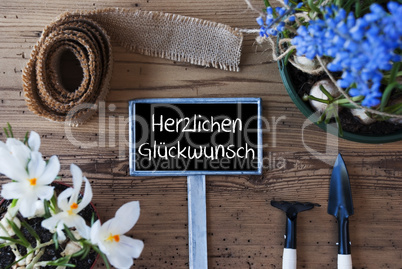 Spring Flowers, Sign, Herzlichen Glueckwunsch Means Congratulations