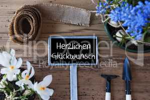 Spring Flowers, Sign, Herzlichen Glueckwunsch Means Congratulations