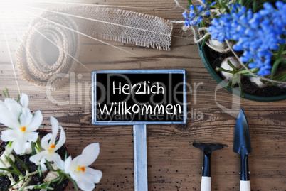 Sunny Spring Flowers, Sign, Herzlich Willkommen Means Welcome