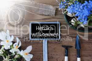 Sunny Spring Flowers, Sign, Herzlich Willkommen Means Welcome