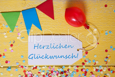 Party Label, Confetti, Balloon, Herzlichen Glueckwunsch Means Congratulations