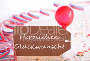 Party Label, Balloon, Herzlichen Glueckwunsch Means Congratulations