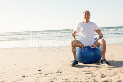 Portrait of smiling senior man sitting on ball against sea