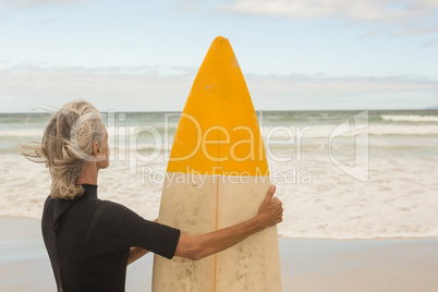 Rear view of woman carrying surfboard while standing against shore