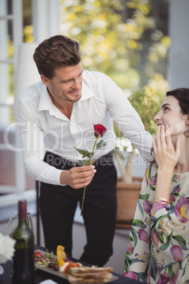 Man offering rose to woman