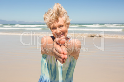 Portrait of happy senior  woman standing against clear sky
