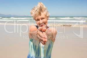 Portrait of happy senior  woman standing against clear sky