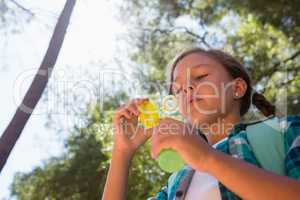 Girl blowing bubbles in the forest