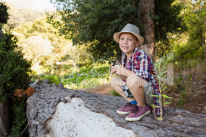 Smiling boy sitting on the tree trunk in the forest