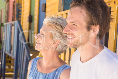Close up of man with mother looking away
