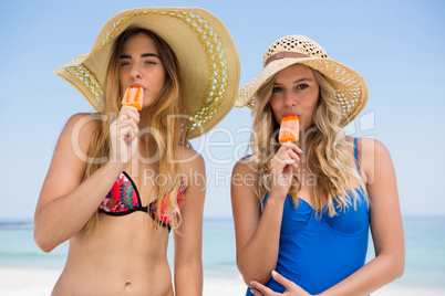 Portrait of female friends eating popsicles