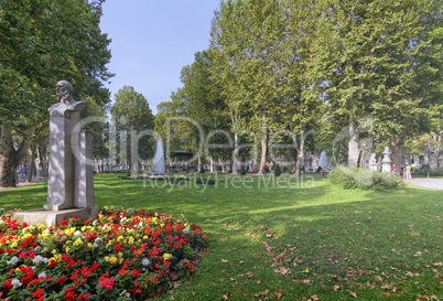 Stone statue of Ivan Mazuranic in Zrinjevac park in Zagreb, Croa