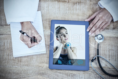 Composite image of young woman with neck pain looking away