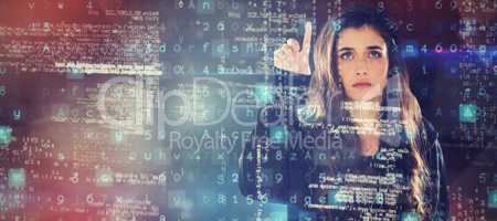 Composite image of female hacker using digital screen