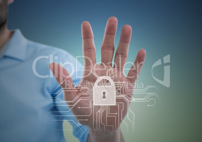 Hand with white lock graphic against blue green background