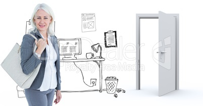 Confident businesswoman with purse against graphics