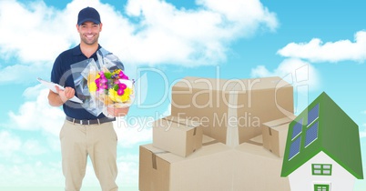 Delivery man with parcels and 3d house