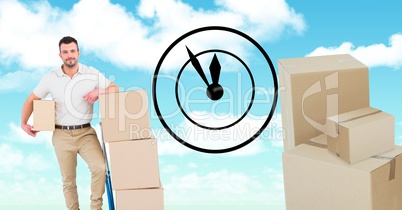 Delivery man with parcels and clock against sky