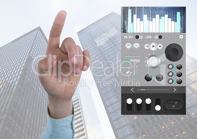 Hand pointing with Sound Music and Audio production engineering equalizer App Interface in city