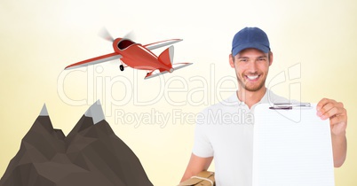 Delivery man showing clipboard against 3d plane