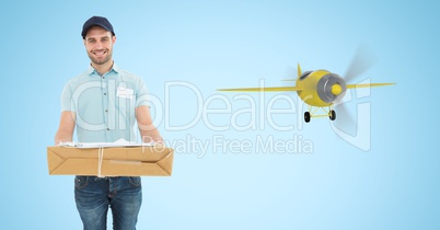 Delivery man carrying parcel by 3d airplane