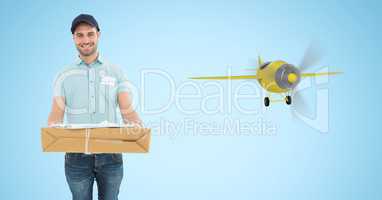 Delivery man carrying parcel by 3d airplane