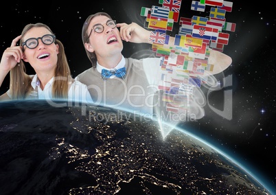 panel with flags going out of earth, nerd couple