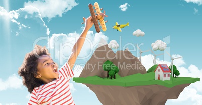 Happy child playing with plane by low poly cliff