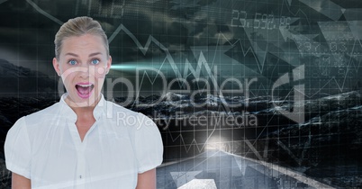 Shocked businesswoman with mouth open against data