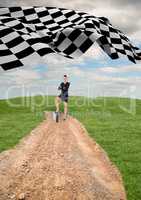 businesswoman at the end of the road with the checker flag in the start of the same road.