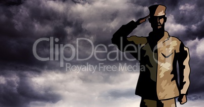 Cartoon soldier saluting against storm clouds