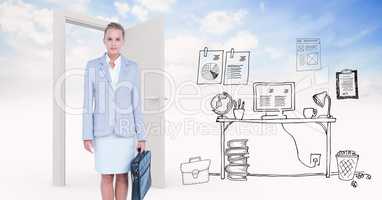 Confident businesswoman with graphics by door