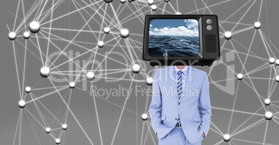 Digital composite image of businessman with TV on head against connection structure