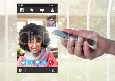 Hand with mobile phone and Social Video Chat App Interface