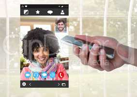 Hand with mobile phone and Social Video Chat App Interface