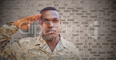 Soldier saluting against brown brick wall