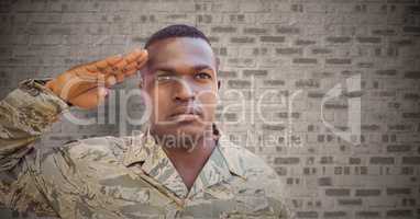 Soldier saluting against brown brick wall