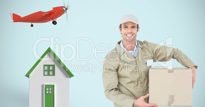 Delivery man carrying parcel by 3d house and airplane