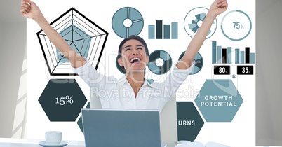 Happy businesswoman celebrating success against graphs