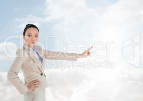 Woman pointing in  air of bright sky